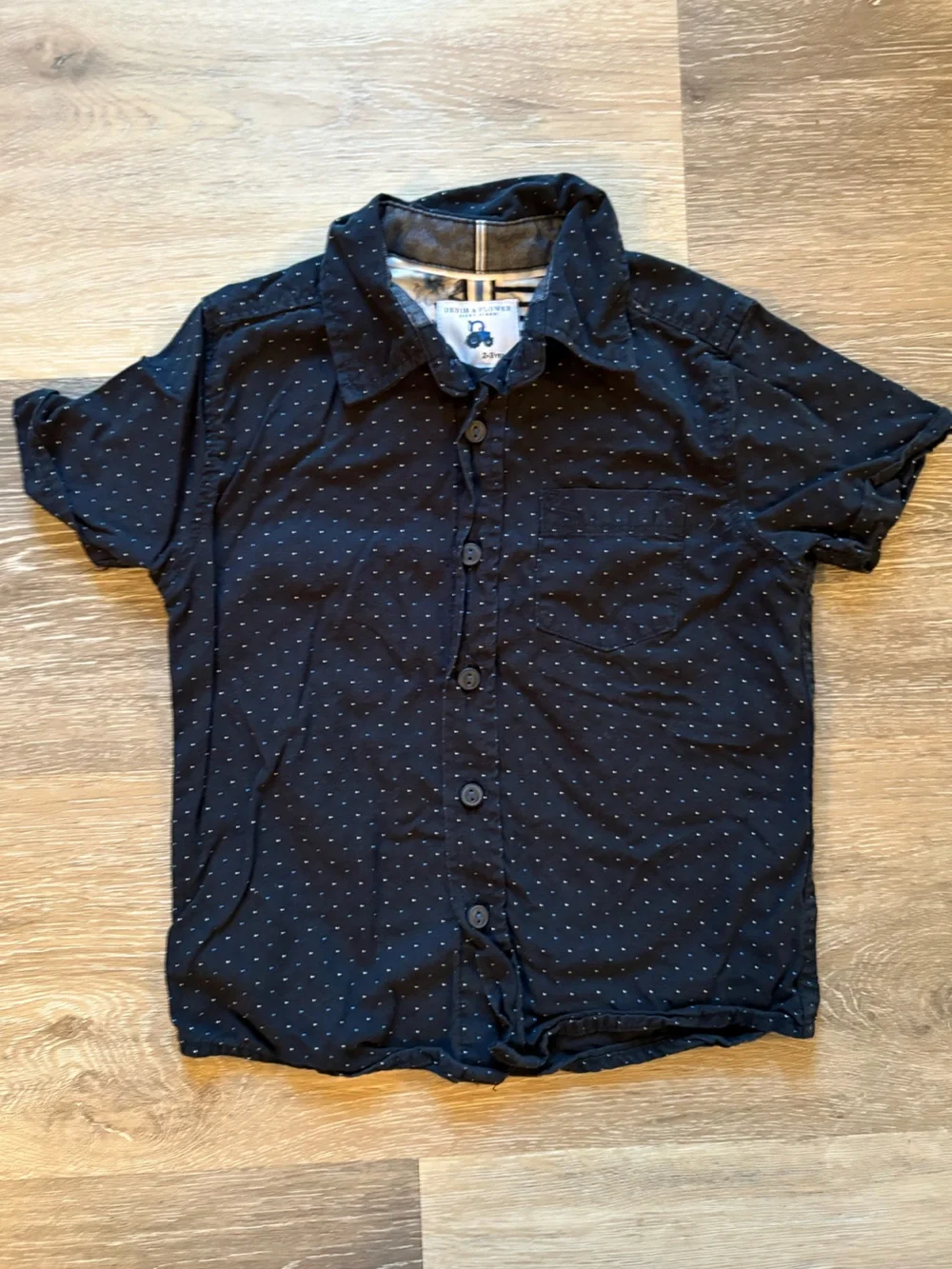 Denim & Flower Navy Short-Sleeve Button-Up Shirt with Micro Dot Print
